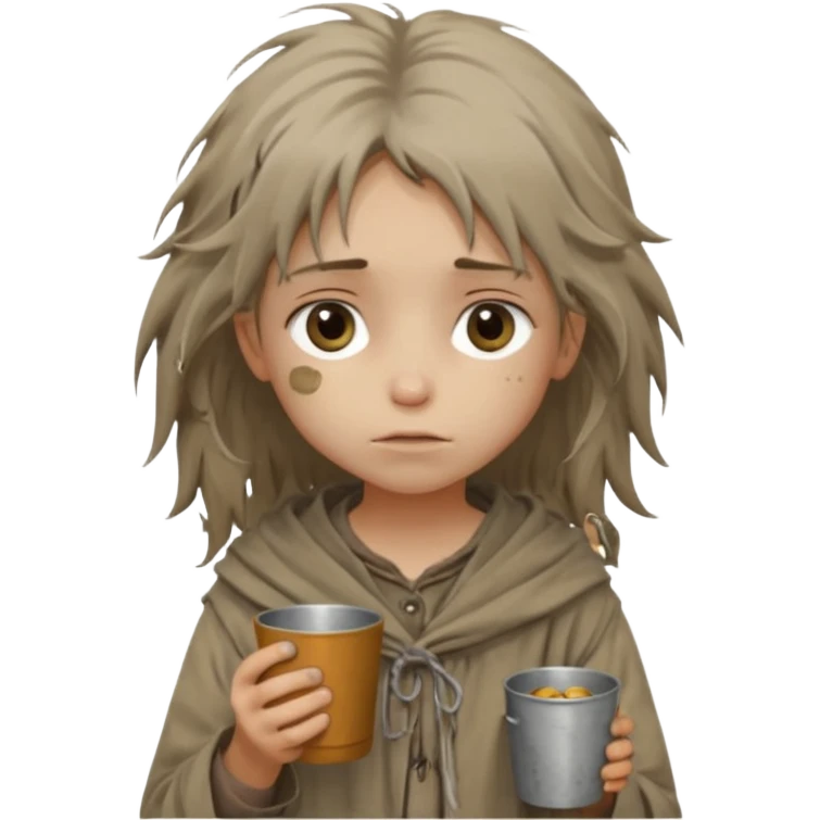 little beggar girl character, chest-up portrait, loose slightly messy hair, worn and oversized clothes in neutral earth tones, tired but gentle eyes, subtle dirt marks on face, holding small metal cups for coins, humble and innocent expression emoji