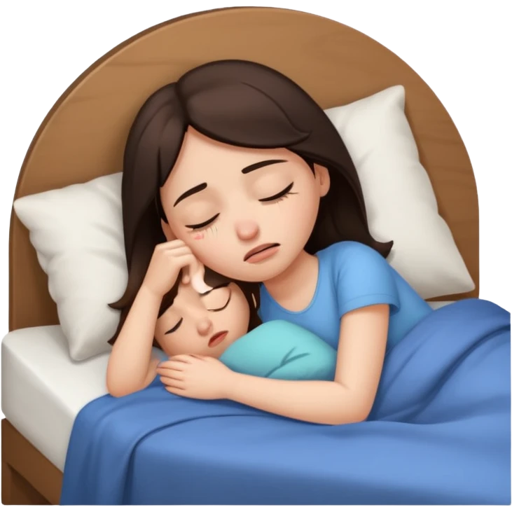 generate a girl brunette sleeping in bed. Looking upset emoji