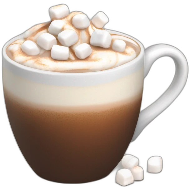 white mug of hot chocolate with mini marshmallows and whipped cream emoji