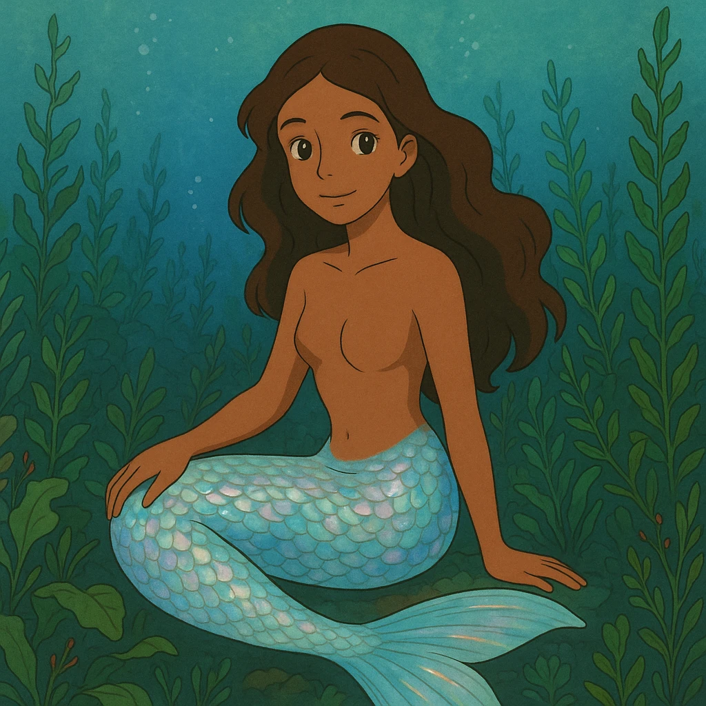 mermaid with shimmering iridescent tail, brown skin, surrounded by underwater plants, ghibli style emoji