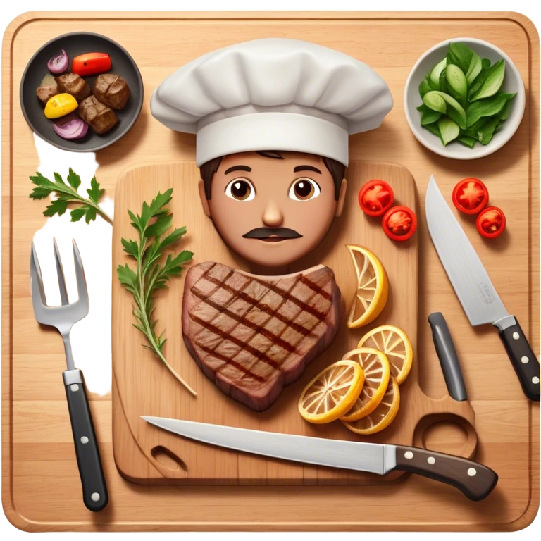 icon featuring a chef’s hat, a cutting board with fresh ingredients, a knife, a beautifully cooked ribeye steak, shashlik skewers, and a plate of food in the making. The design captures the passion of cooking with warm, inviting colors, and realistic textures. Transparent background. emoji