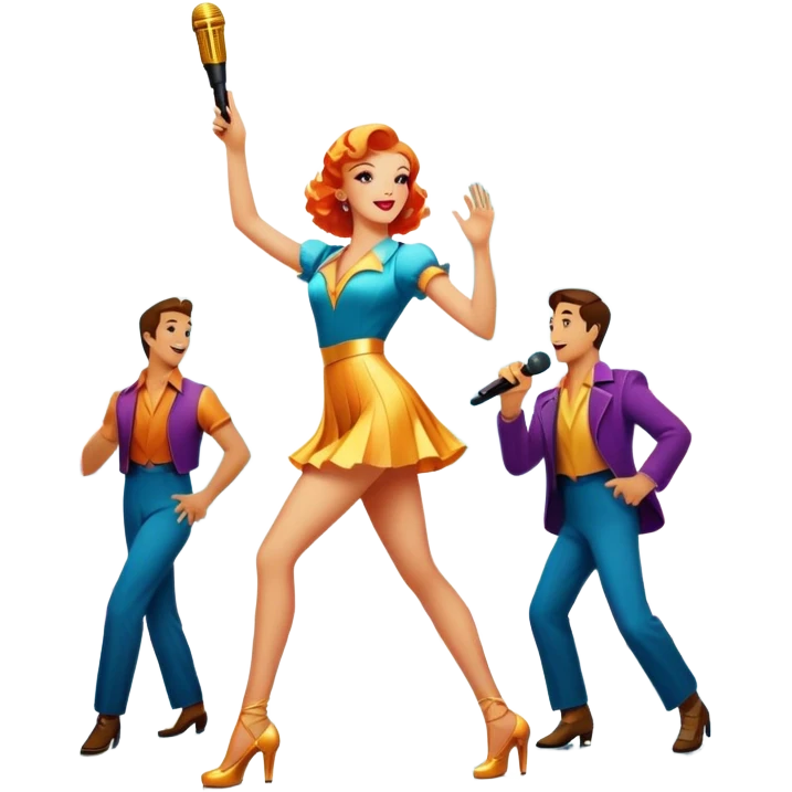 Vintage movie poster-style icon for a musical film. The cityscape glows in the background, evoking the golden era of musicals. A vibrant street scene with bright lights, dancers mid-step, a singer with a microphone. Transparent background. emoji