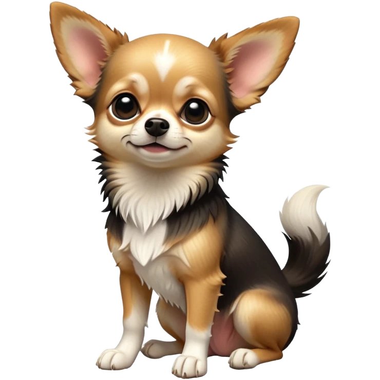 cinematic-[chihuahua dog]-realistic-full-body-sitting-emoji,-tail-resting-loosely-beside-its-paws,-head-tilted-dramatically,-scruffy-[black and tan and white]-fur,-simplified-yet-realistic-focused-features,-highly-detailed,-glowing-with-an-almost-sarcastic-glow emoji