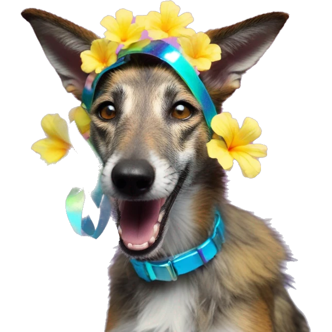  brindle fluffy lurcher Alsatian fox running blue eyes fluffy ears and iridescent holographic oilslick harness wearing paper iridescent tropical flower crown yellow caution tape neon sign emoji