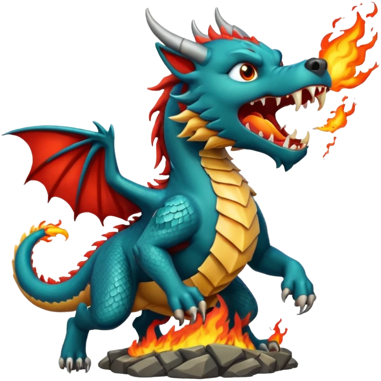un dragon, un lion cracheur de feu attaquant un loup, scène de bataille emoji