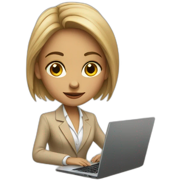 A girl in a beige business suit sits at a laptop emoji