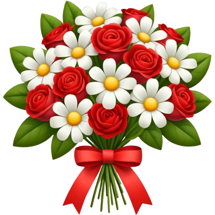 one red flower and one white flower in bouquet with red band emoji