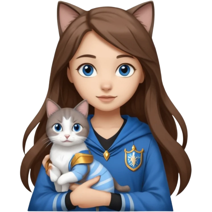 gorgeous Girl with light skin, blue eyes, long brown hair, wears a ravenclaw outfit, with a grey and white cat holding in her arms emoji