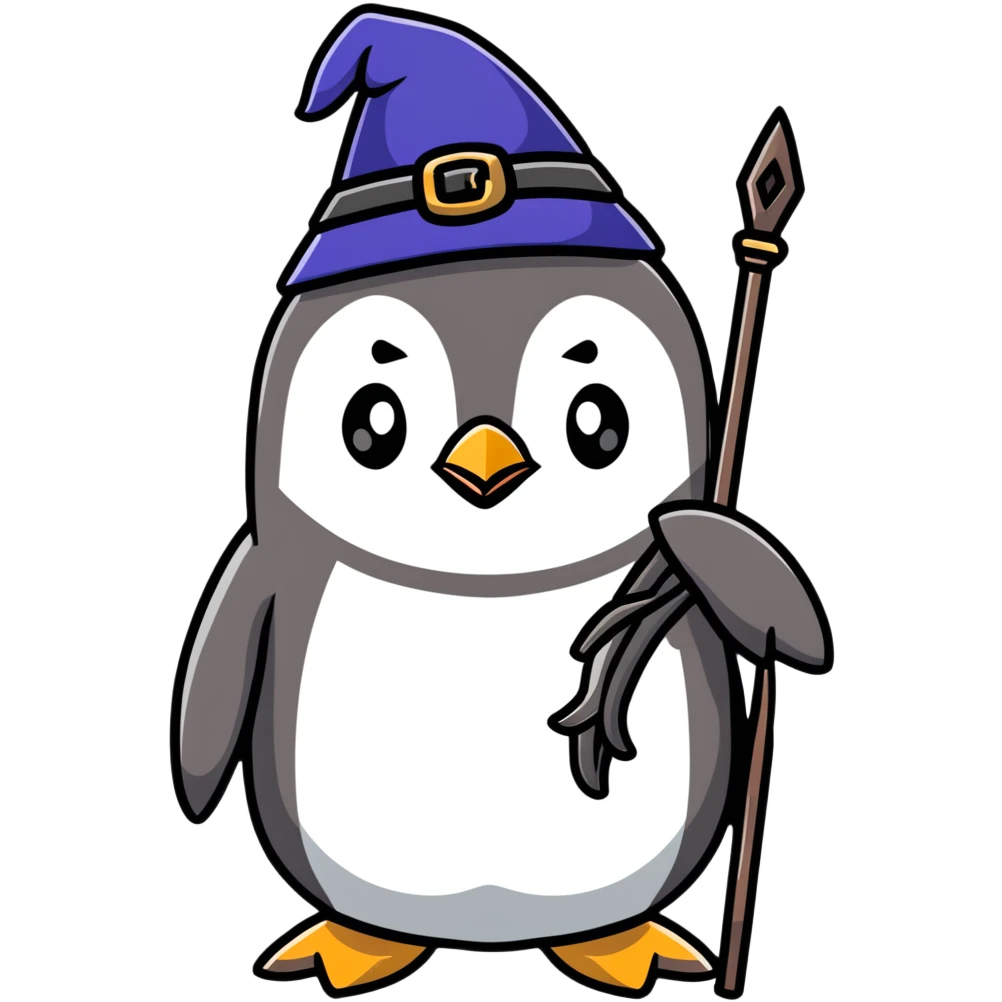 a penguin wizard with a staff and hat emoji