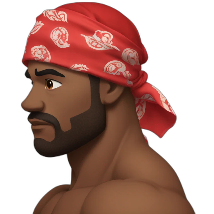 muscular man in red bandana standing sideways turns his head to face the viewer,his hand is bent in the elbow,torso emoji