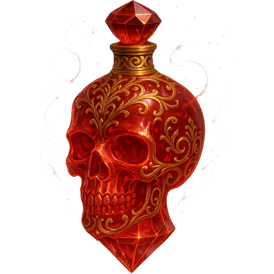 luxurious elixir bottle skull-shaped, red color, very small barely visible golden collar, lots of glowing, edges, light refractions, golden details, ornaments, magical effects, transparent background, beautiful connected bottom, bottle clearly floating in air, no base or shadow, premium class impression, design matches crystal luxurious magical bottle collection emoji