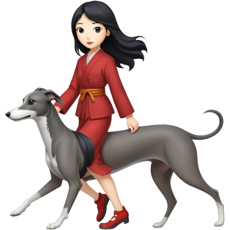 Japanese girl with flowing hair walking a grey greyhound emoji