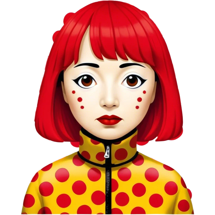 Yayoi Kusama – Cinematic Realistic Portrait of Yayoi Kusama, depicted as an avant-garde artist with an eccentric, captivating expression surrounded by her iconic polka dot patterns, rendered with vivid textures and imaginative lighting that evokes her unique, surreal creative world. emoji