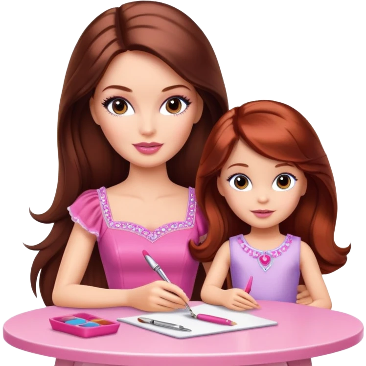 A Barbie girl with makeup, with long dark brown hair, with a child, a daughter with red-brown hair, sitting at a table emoji