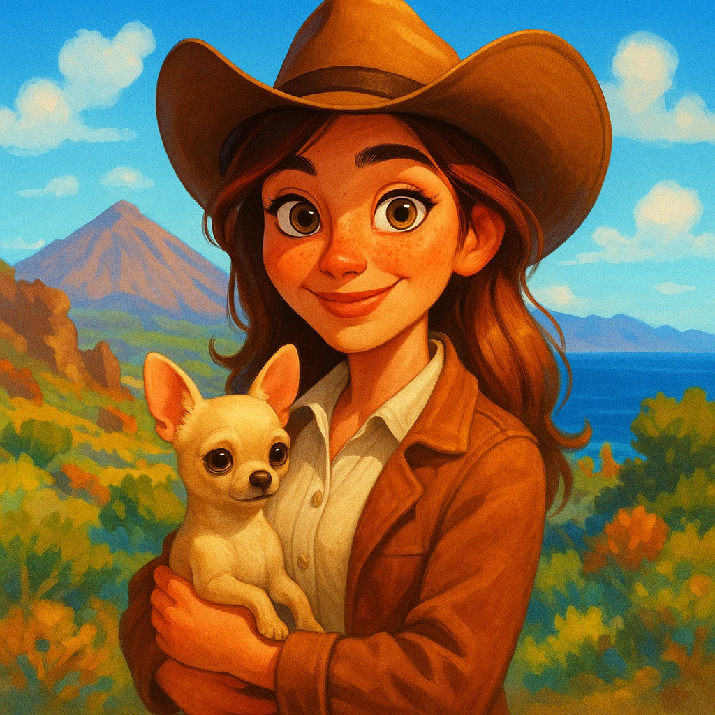 Portrait of a female cowboy with cream shirt and cognac-colored jacket, freckles, tanned skin, hazel eyes, auburn-highlighted hair, holding a beige chihuahua in her arms, blurred background of Tenerife, Pixar art style, bright illustration, expressive with large expressive eyes, vivid colors emoji