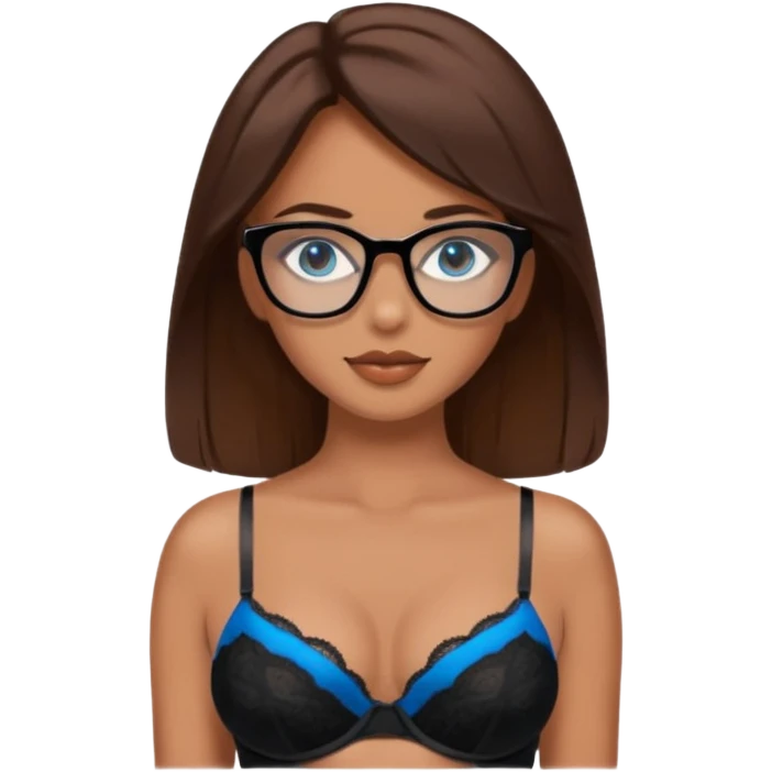 Brown, brown hair, blue eye, beautiful woman with black glasses I’m wearing lingerie emoji