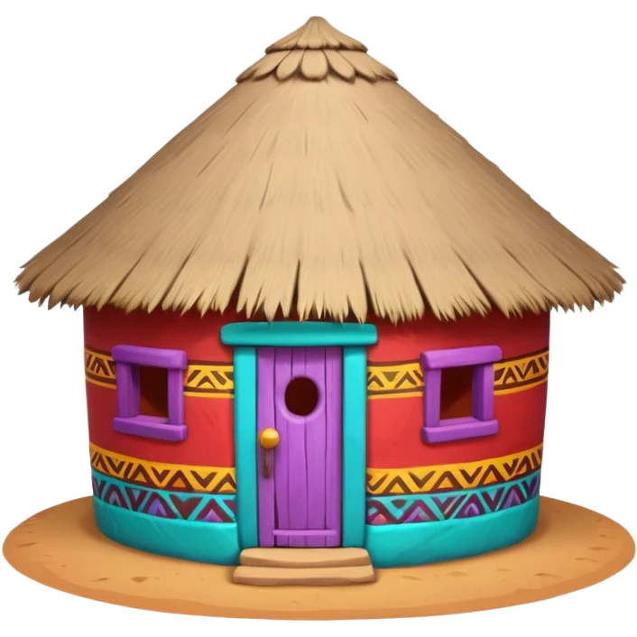 African mud hut tribal house, round adobe clay hut, thatched roof, bright colorful paint, walls in turquoise, red, yellow, purple, tribal patterns, cute mobile game icon, 3D cartoon, soft shadows, clean background, no text, no watermark emoji