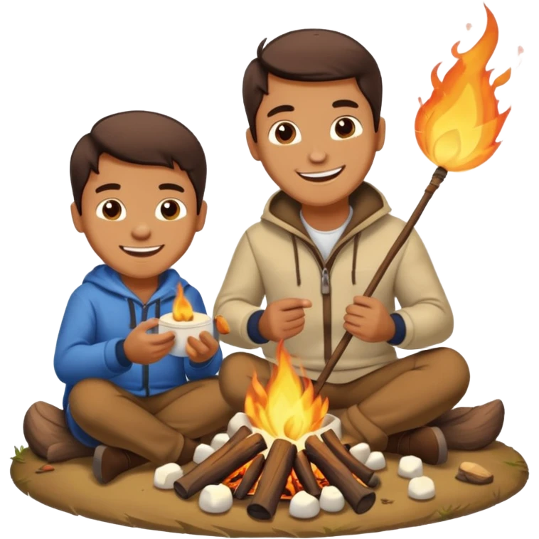 A man roasting marshmallows over the campfire with a warm grin. emoji