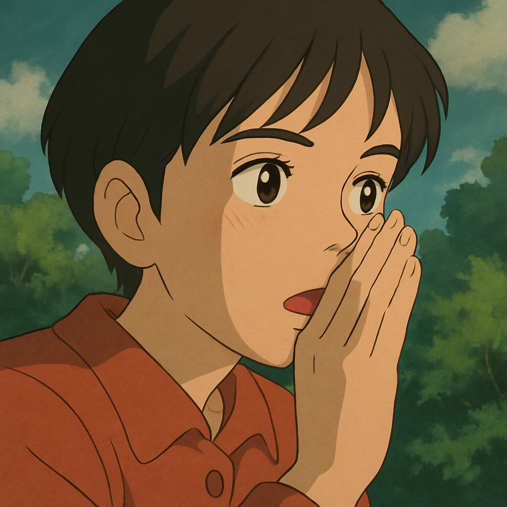 a person whispering, ghibli style, detailed, anime inspired emoji
