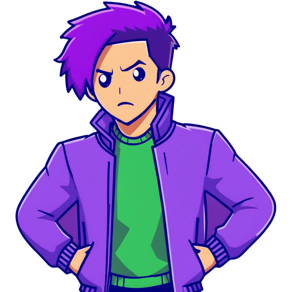 Fashionable man with purple hair and green jacket, bold expression, powerful pose inspired by Thanos emoji