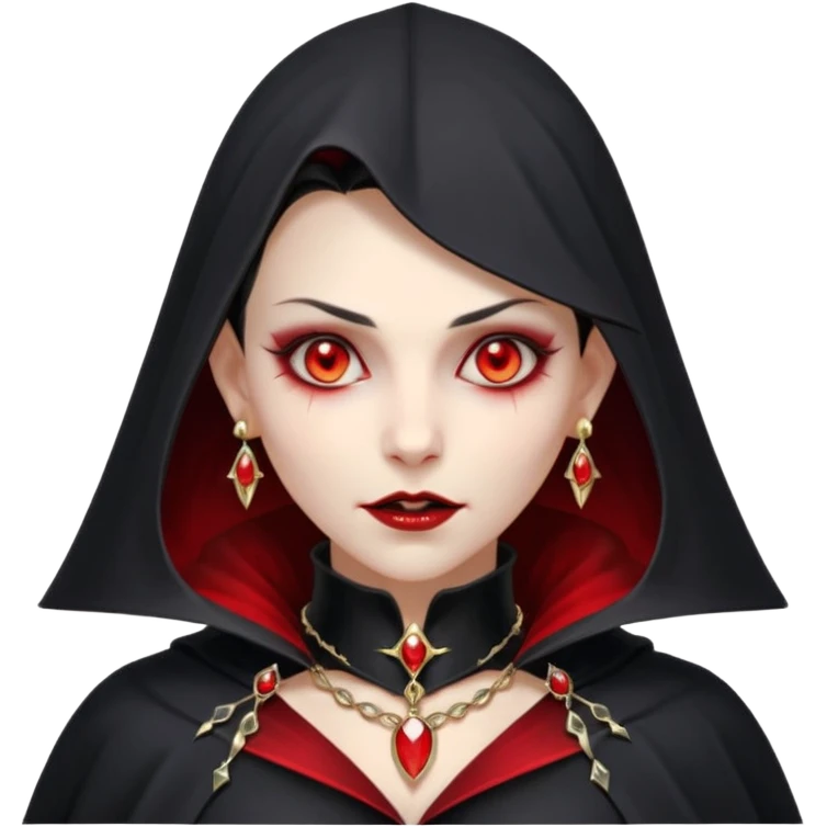 vampire village woman portrait, head and shoulders only, dark gothic cloak collar, sharp fangs, red glowing eyes, elegant yet eerie expression, subtle jewelry, 3D cartoon, mobile game icon style, clean background, no text, no watermark emoji