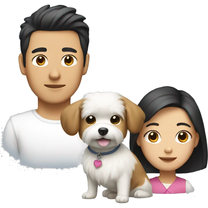 an Asian couple (the guy's hair is long) with a small white fluffy dog emoji