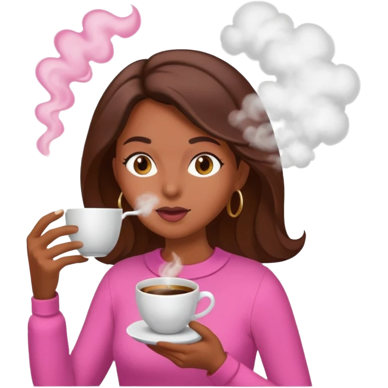 Mulher morena tomando café  com roupa rosa esfriando o café  emoji