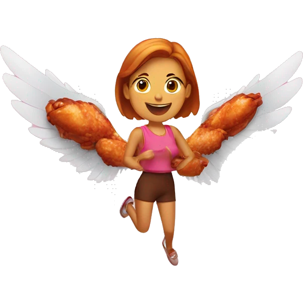 a girl flying with two delicious cooked bbq chicken wings on her back emoji