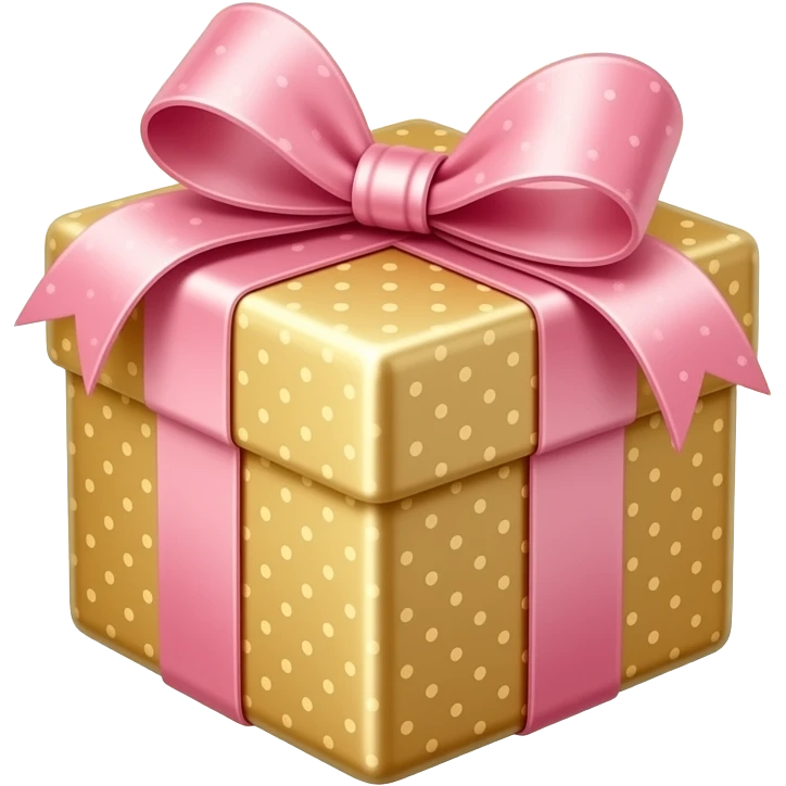 A charming emoji of a small gift box wrapped in champagne gold paper with a shiny pink ribbon bow, surrounded by golden sparkles and light rays, luxurious and glittery, beauty gift aesthetic emoji