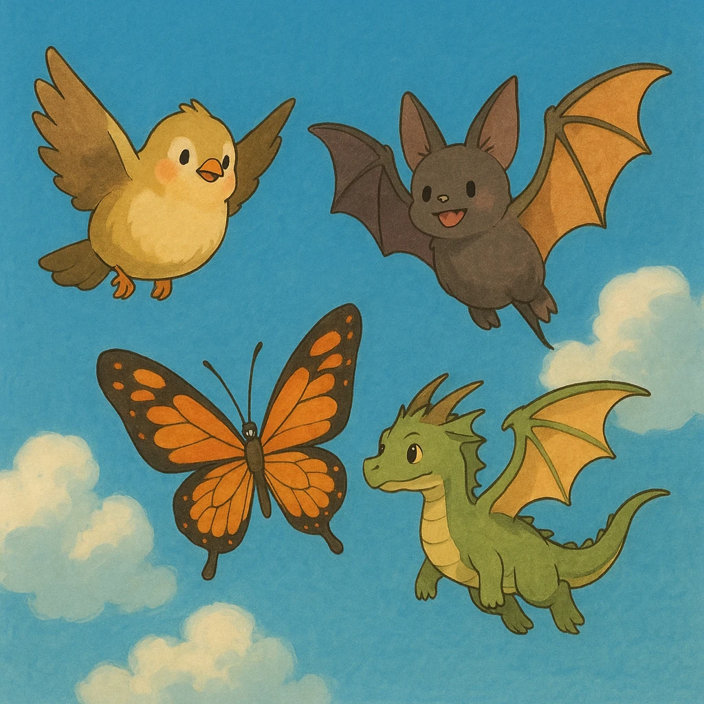 a whimsical collection of animals with wings including a bird, bat, butterfly, and dragon in ghibli style emoji