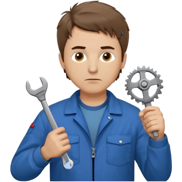 Calm and independent male technician, Caucasian features, short tousled brown hair, serious but composed expression, wearing a blue work jacket over a grey t-shirt, holding a wrench in one hand and a mechanical gear in the other, waist-up, front-facing emoji