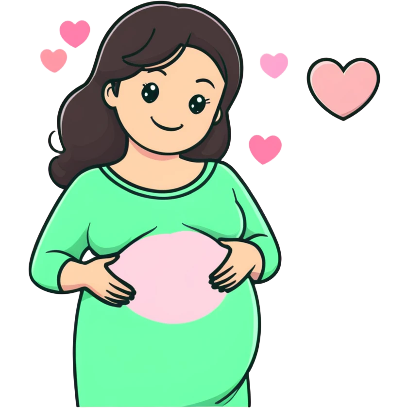 smiling brunette pregnant woman surrounded by pastel pink hearts emoji