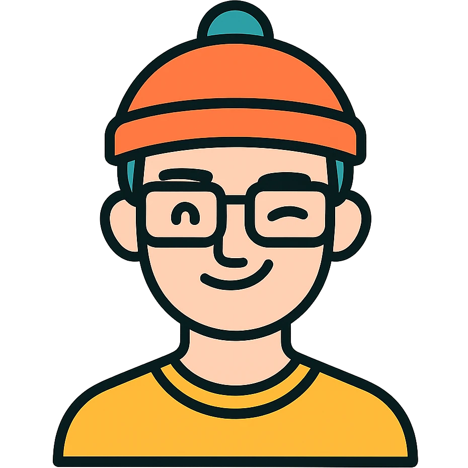 a guy with rectangle glasses, beanie, winking, flat color icon style emoji
