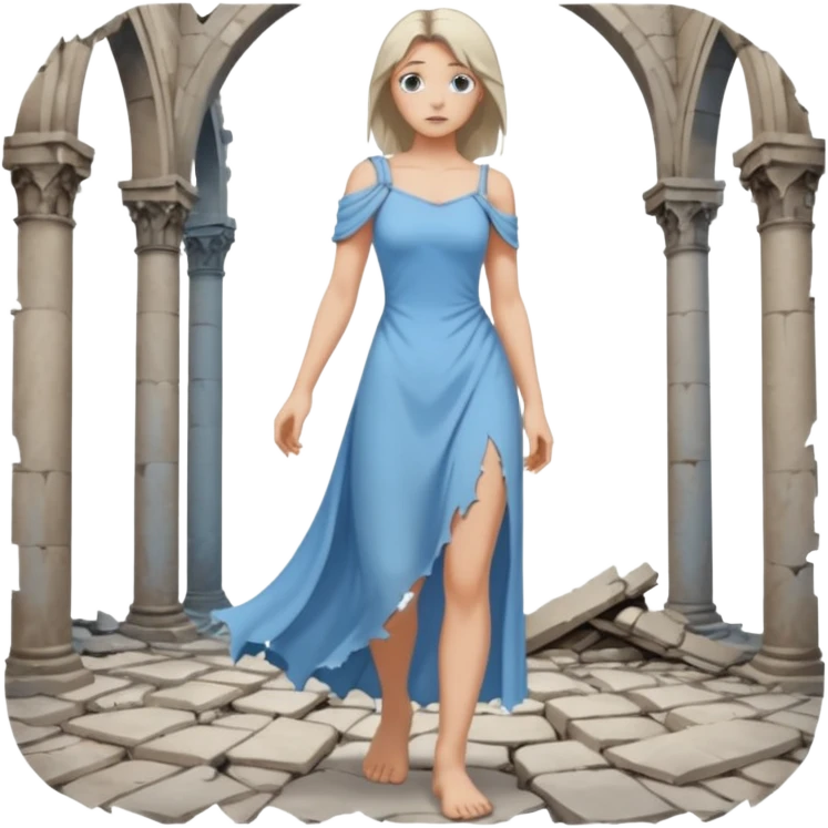 Female figure standing barefoot in ruined cathedral, dress slipping from shoulder emoji