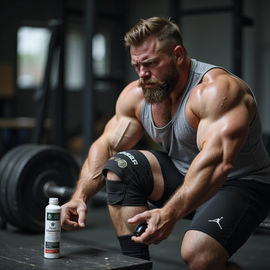 European powerlifter in competition clothing training with effort, painful expression, wearing knee brace, bottle of Stanozololo nearby, realistic details, gym background emoji