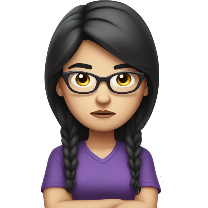 Angry scowling white girl, purple t-shirt, long black hair, wearing glasses, with arms crossed over chest. emoji