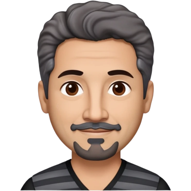 Latino theatre director in his late 40s with cinnamon skin. Square structured face. Approachable expression with gentle smile. Calm dark eyes. Thick eyebrows. Well-groomed black goatee with a few gray hairs. Short curly dark hair. Wearing a black V-neck shirt with gray stripes. emoji