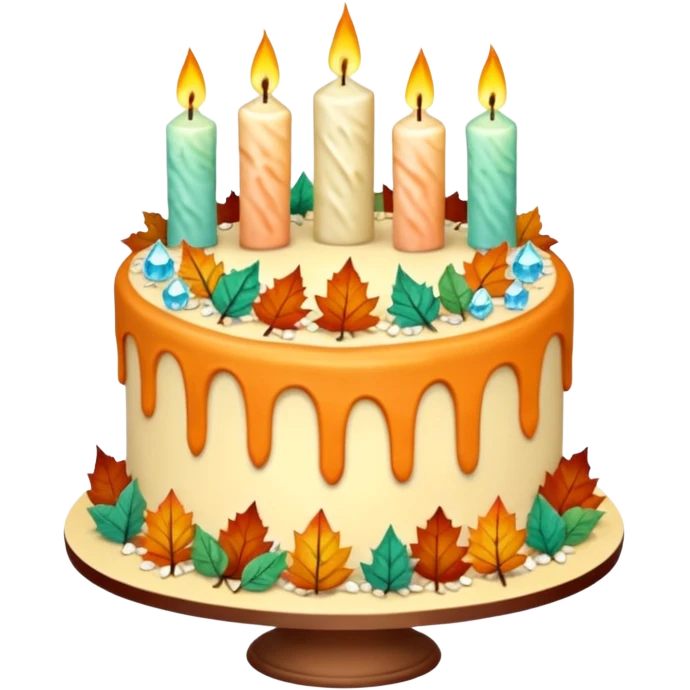 fall cake adorned with overflowing raw pastel crystals, leaves and candles emoji