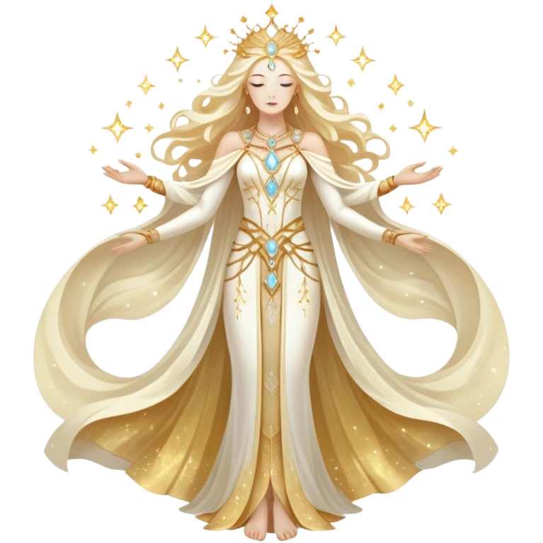 fullbody universe goddess Sophia, Ethereal Light Being, Made of starlight and fractals, Glowing white/gold skin with flowing translucent robes, Hair like galaxy mist, Jewelry made of stars and crystals emoji