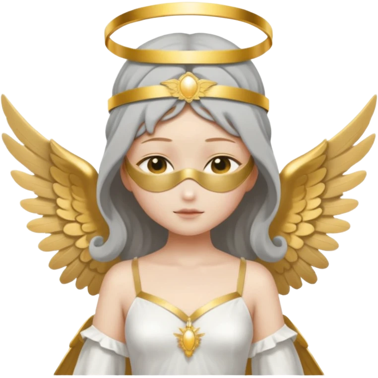 angel with gray skin, blindfolds, no eyes, with two large wings, with a white and golden dress, with a golden halo emoji