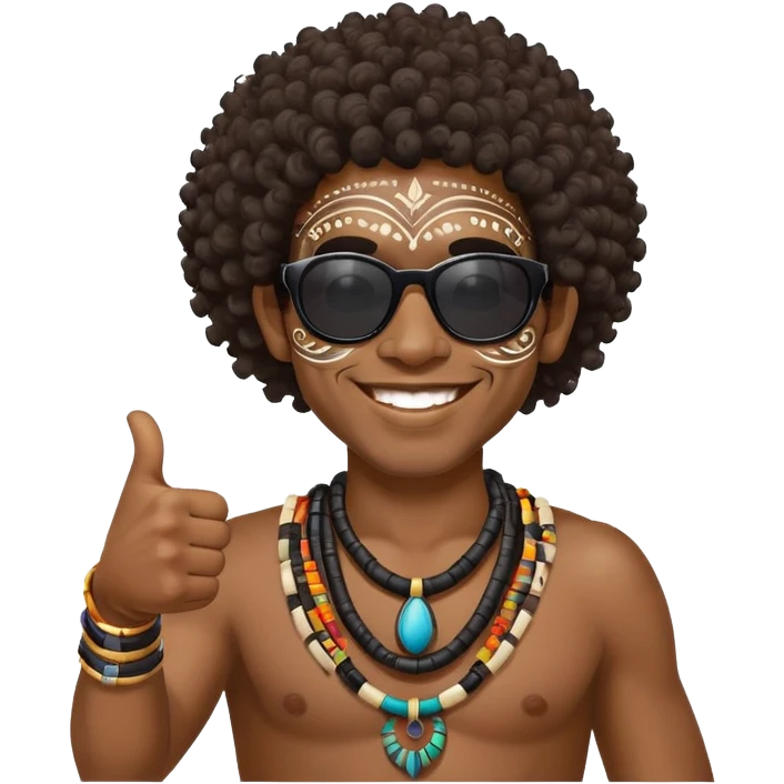 African Black tribal man with curly hair, traditional tribal face paint, wearing sunglasses, smiling, thumbs up emoji