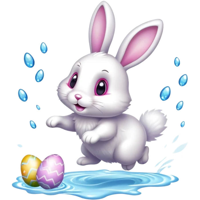 Easter bunny hopping away with a stream of sparkling magic behind it and Easter eggs at the end of the stream emoji