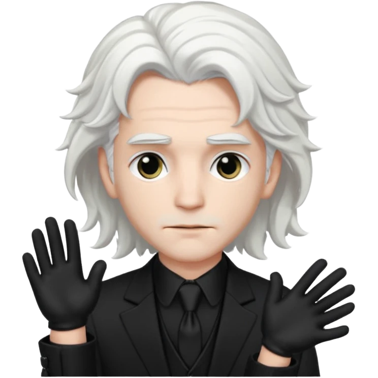 Male Goth with Top Hat
 Wavy shoulder-length hair, white skin, black suit and gloves, pale skin tone, white long hair emoji