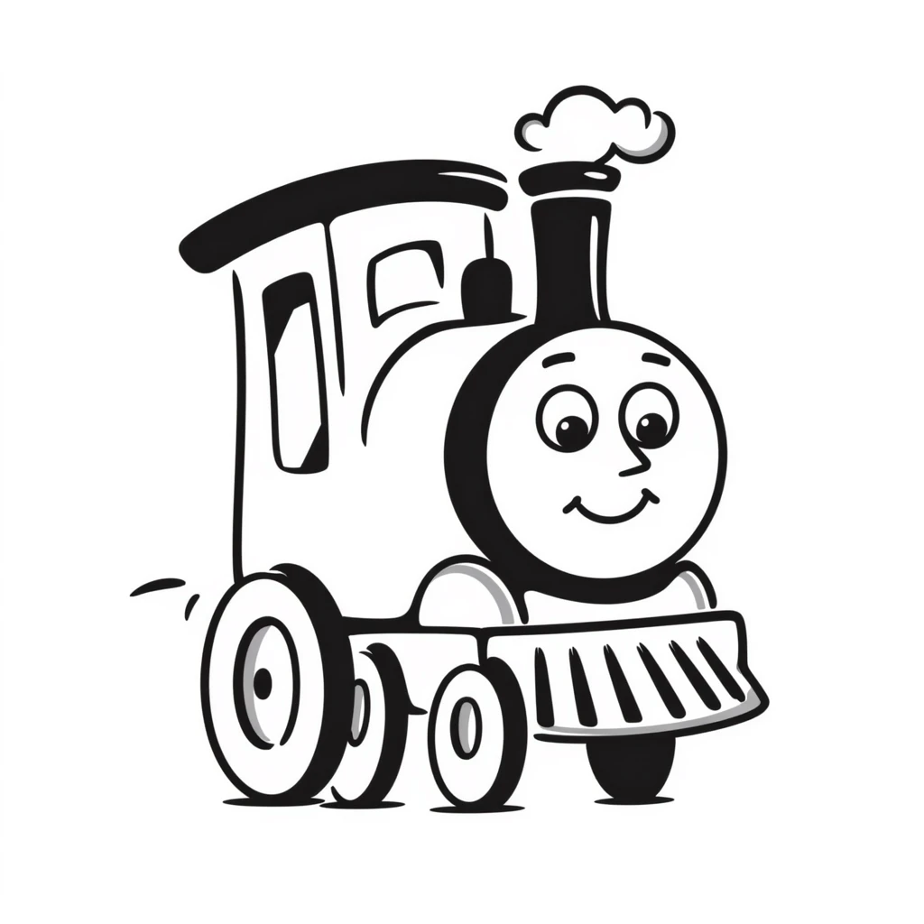A hand-drawn toy train with a goofy happy expression and a conductor's hat emoji