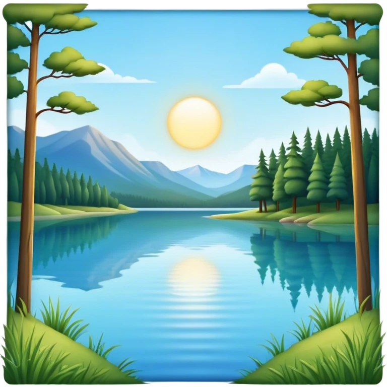Cinematic Realistic Lake Emoji, Calm and reflective, with clear blue waters mirroring the surrounding landscape, framed by tall trees and grassy shores. The sunlight sparkles on the water’s surface while birds and animals play at the edge. Soft glowing outline, capturing the essence of peaceful serenity in a tranquil lake. emoji