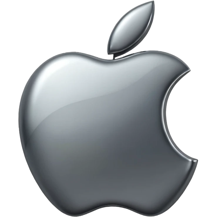 Metallic Apple logo emoji icon, chrome surface, sharp reflections, dark background, centered emoji