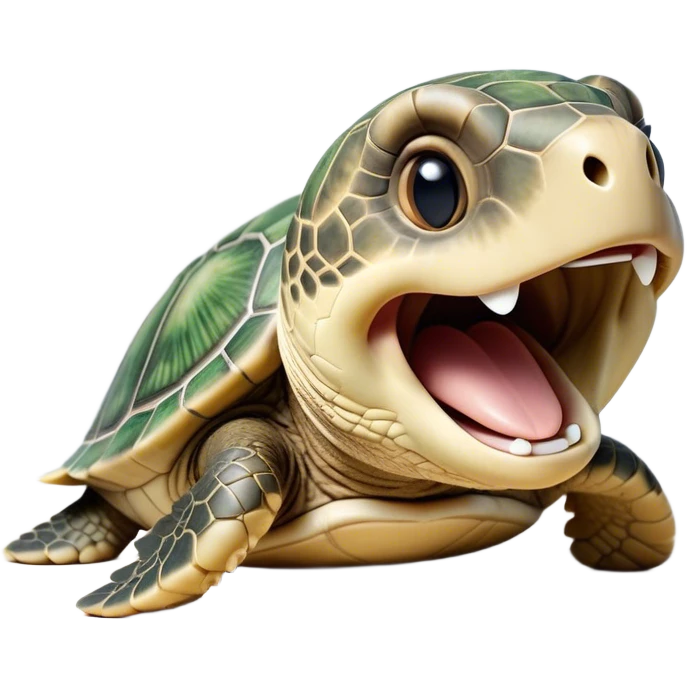 Cinematic Realistic Cute Yawning Sea Turtle Portrait Emoji, Head tilted slightly with a dramatic, wide-open yawn, showcasing a soft, textured shell and a tender, aged face with half-closed, drowsy eyes, rendered with natural shadows and delicate detail; high shine, relaxed yet expressive, styled with a dash of oceanic charm, soft glowing outline, capturing the essence of a sleepy yet affectionate sea turtle that appears ready to stretch out and drift into a peaceful nap! emoji