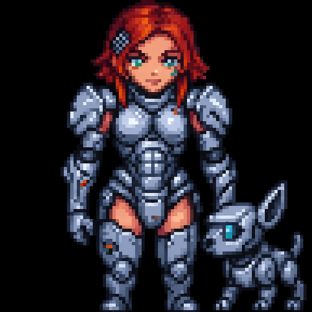 Add a small robotic pet next to the cyborg girl warrior in pixel art style. emoji