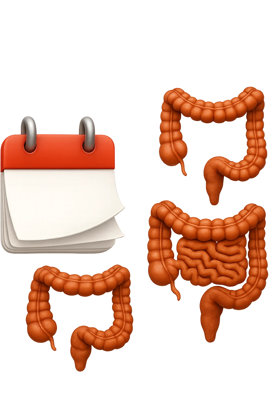 emoji stile iphone di un calendario con fogli che volano insieme a pezzi anatomici di colon umano, iperrealistico 4k, isolato su sfondo bianco emoji