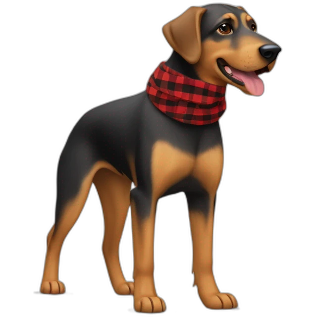 adult 75% Coonhound 25% German Shepherd mix dog with visible tail wearing small pointed red buffalo plaid bandana full body walking left quickly emoji